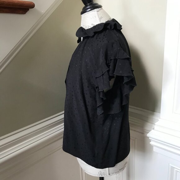 KOCH Popover Ruffle Blouse Top Shirt Womens XS Black Short Sleeve Button Front - Picture 8 of 11